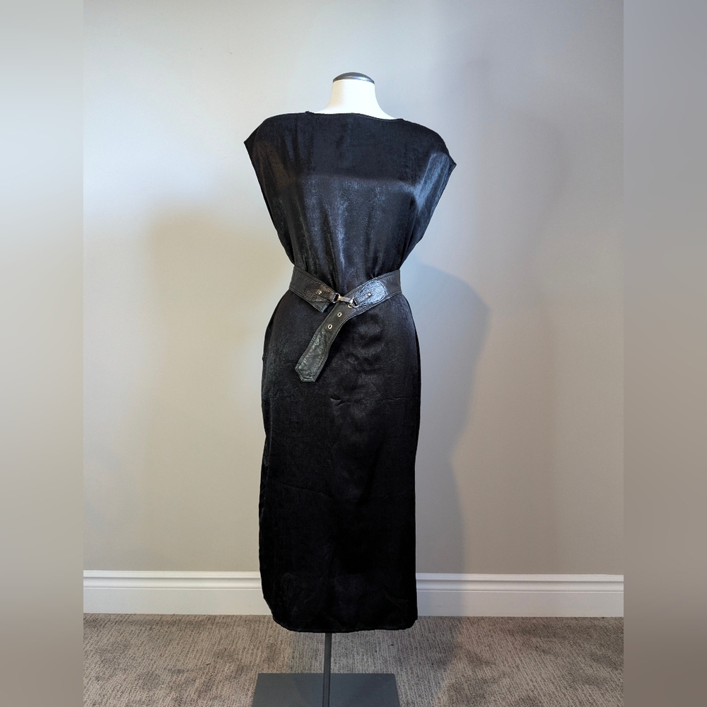 Black Textured Midi Dress Pockets Brutalist Minimalist Large Industrial Goth